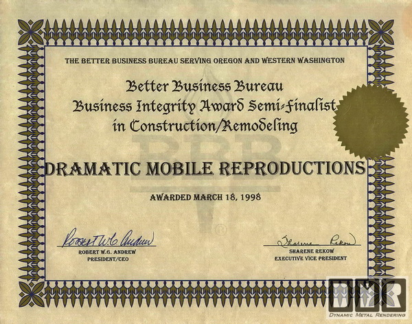 The Better Business Bureau-Business Integrity Award Certificate 3-18-98